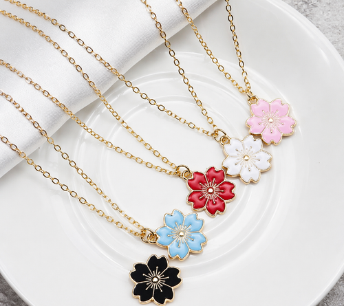 Enamel Blossom Flower Pendant Necklace