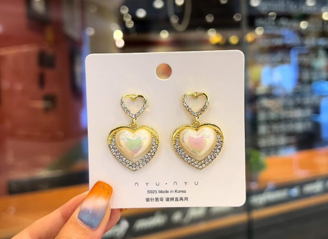 Luxury Double Heart Pearl Crystal Drop Earrings
