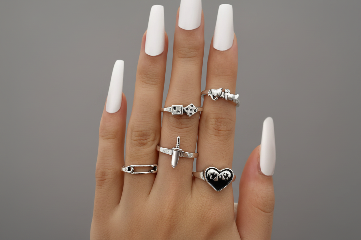 Edgy Heart & Charm Ring Set 🖤⚡