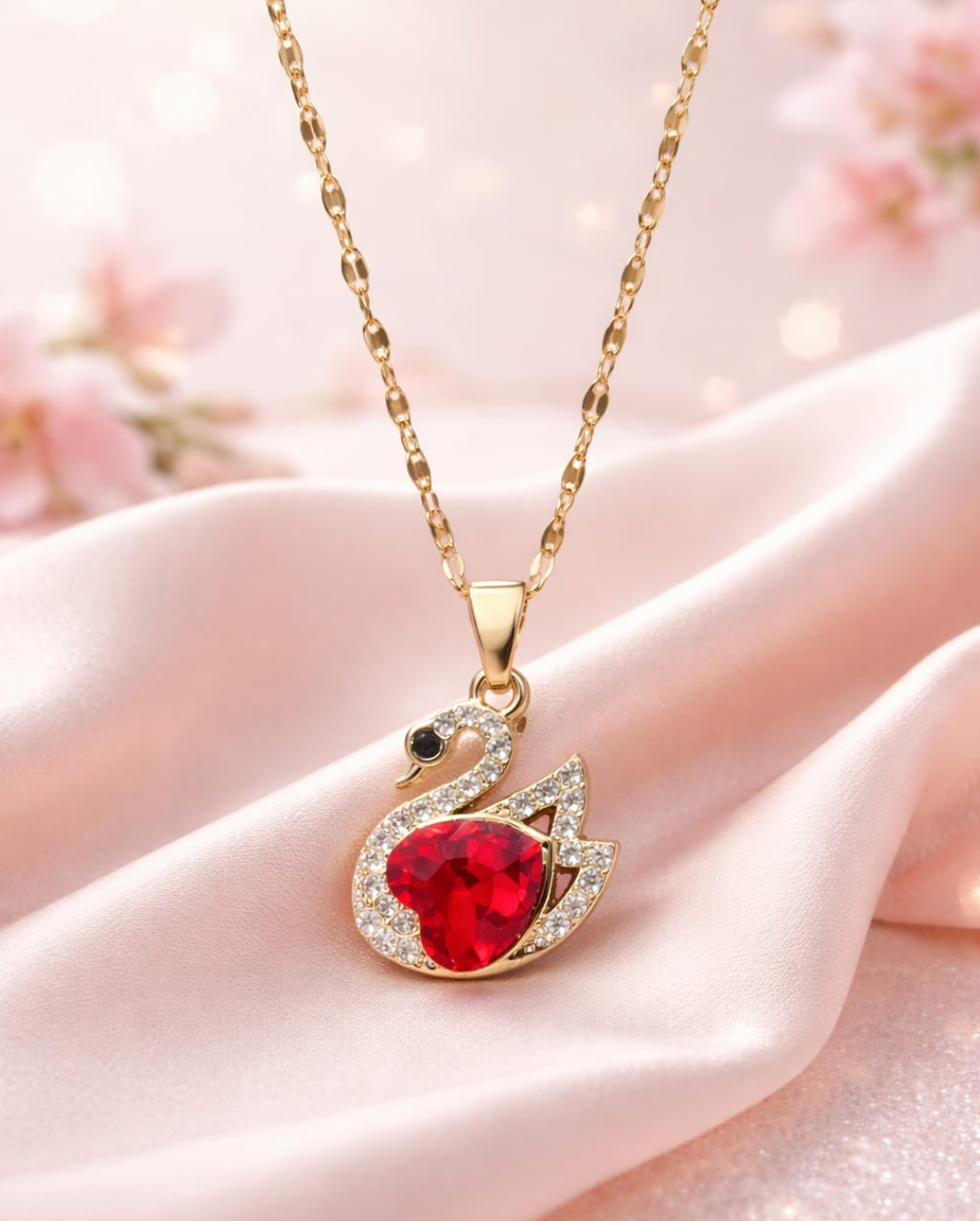 Golden Swan Ruby Heart Pendant Necklace