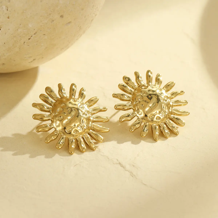 Golden Sunburst Statement Earrings – Textured Round Stud Earrings