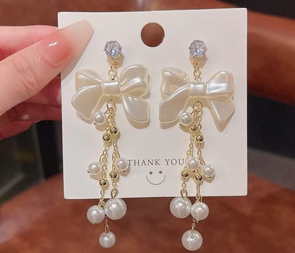 Luxury Bow Pearl Tassel Drop Earrings