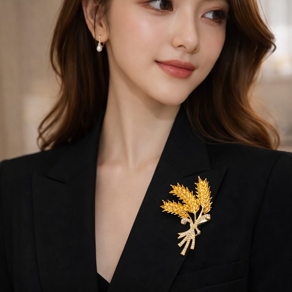 Golden Wheat Sheaf Crystal Brooch