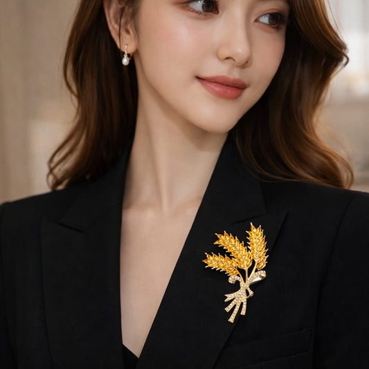 Golden Wheat Sheaf Crystal Brooch