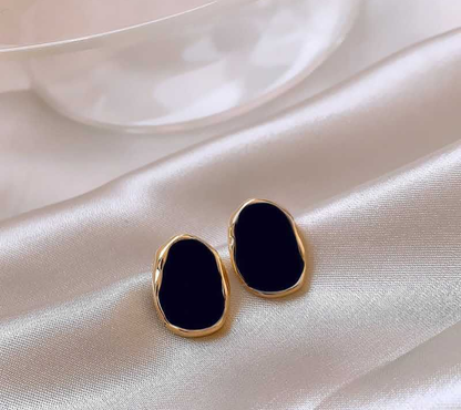 Minimalist Black Oval Gold Trim Stud Earrings
