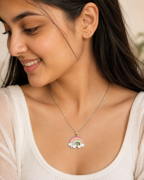 Rainbow & Heart Pendant Necklace – Cute Enamel Rainbow Charm Necklace for Women & Girls