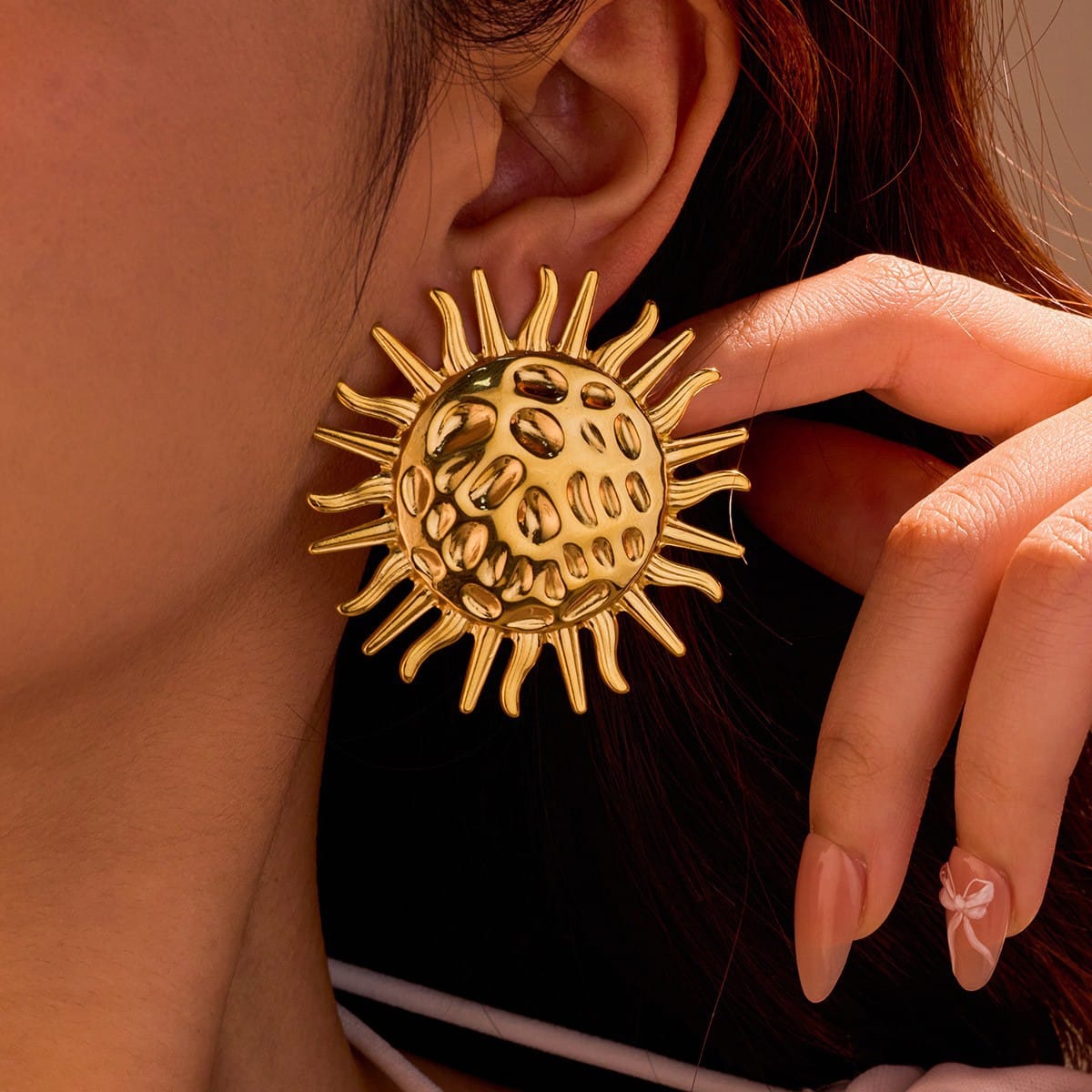 Golden Sunburst Statement Earrings – Textured Round Stud Earrings