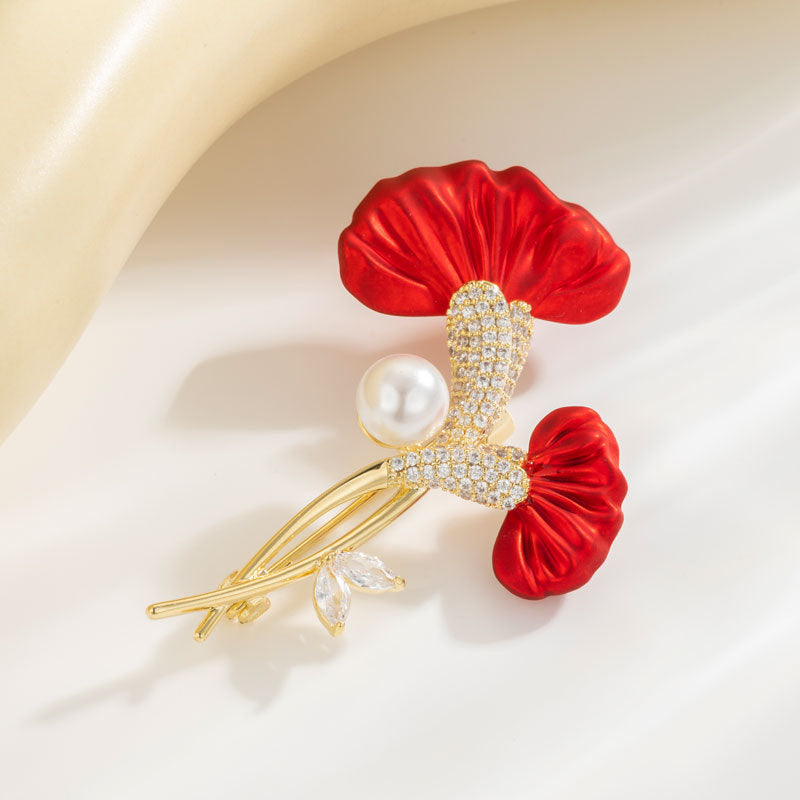Scarlet Bloom Pearl Crystal Brooch