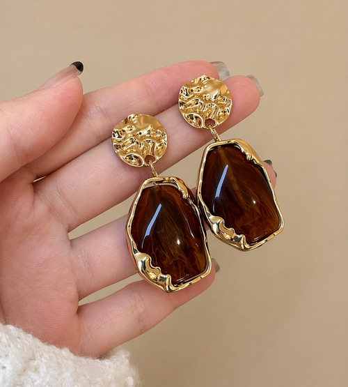 Textured Gold & Brown Stone Drop Earrings
