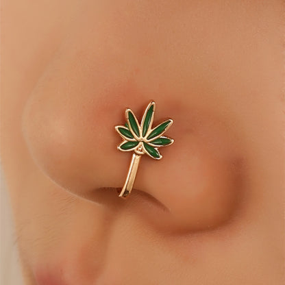 Green Leaf Gold-Tone Nose Pin – Elegant Nature-Inspired Nose Stud for Women