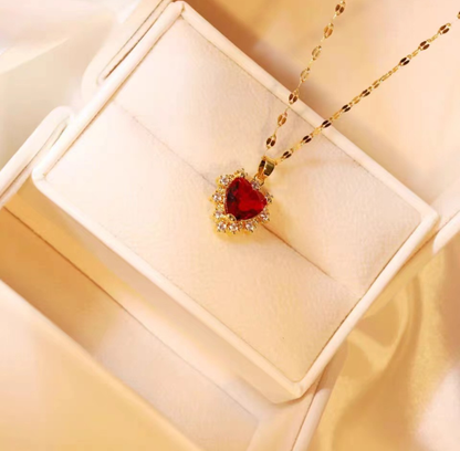 Radiant Ruby Heart Halo Necklace