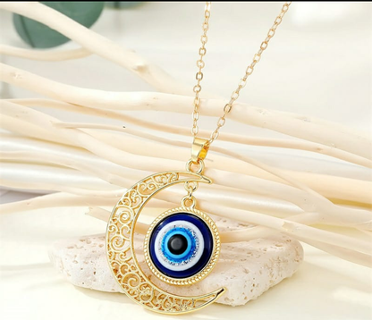 Evil Eye Crescent Moon Pendant Necklace