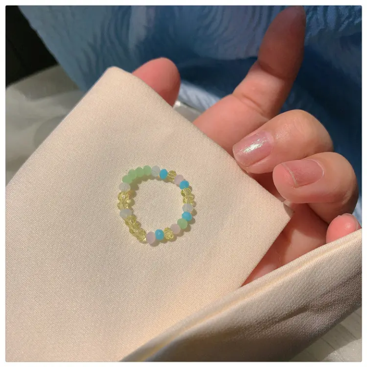Pastel Beaded Flower Ring – White Rose & Colorful Bead Adjustable Ring