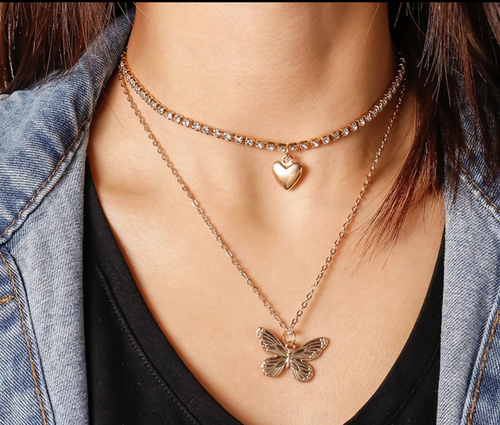 Layered Heart & Butterfly Charm Necklace Set