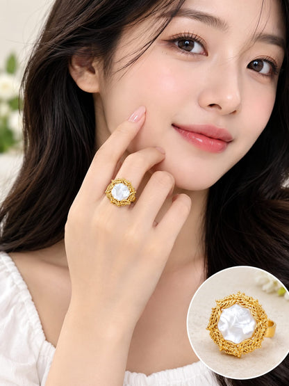 Mother of Pearl Leaf Ring – Elegant Floral Statement Ring for Women