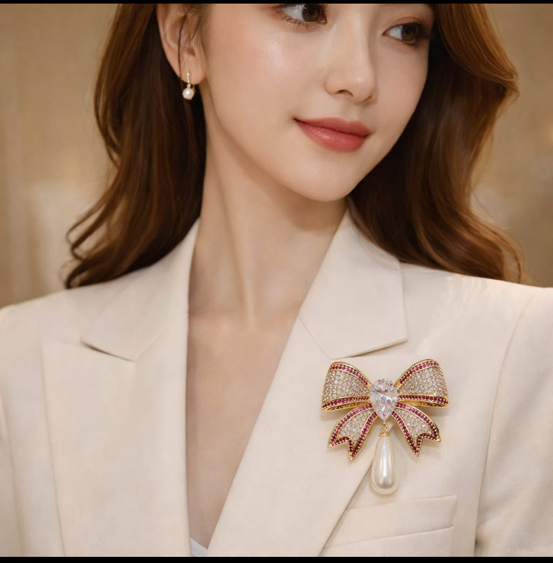 luxury Crystal Bow Pearl Brooch