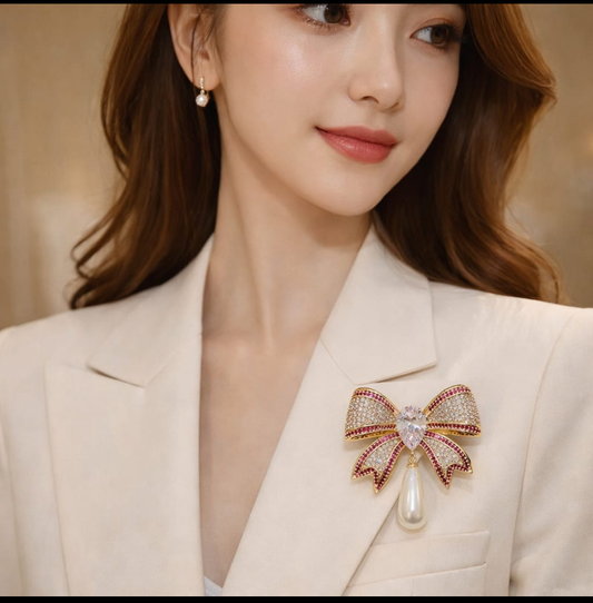 luxury Crystal Bow Pearl Brooch