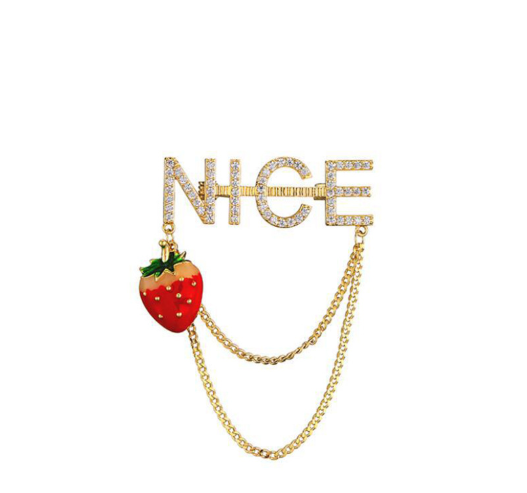 Chic “NICE” Strawberry Chain Brooch