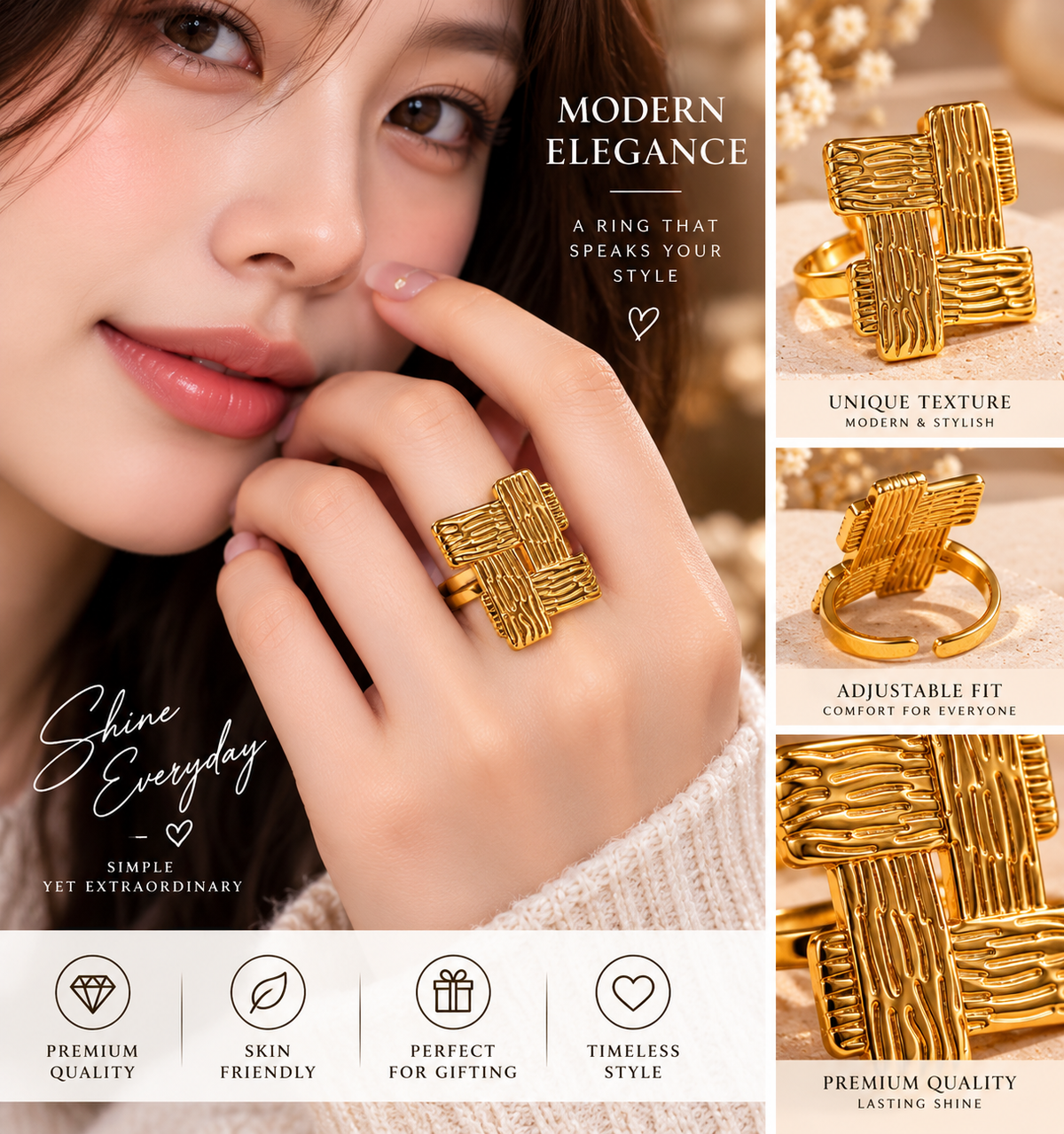 ✨ Geometric Gold Statement Ring –