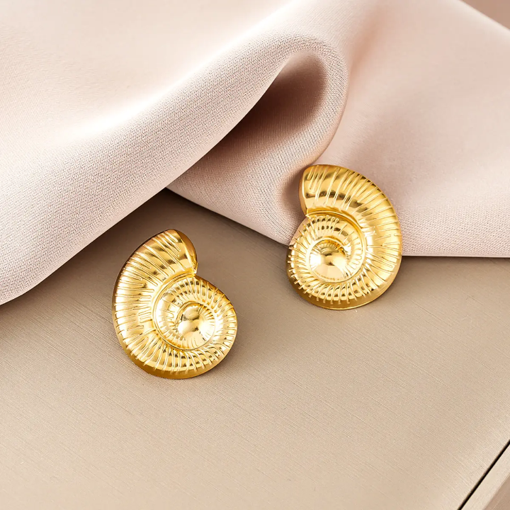 Golden Spiral Shell Earrings – Textured Statement Stud Earrings for Women
