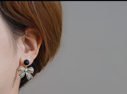 Chic Noir Bow Crystal Drop Earrings