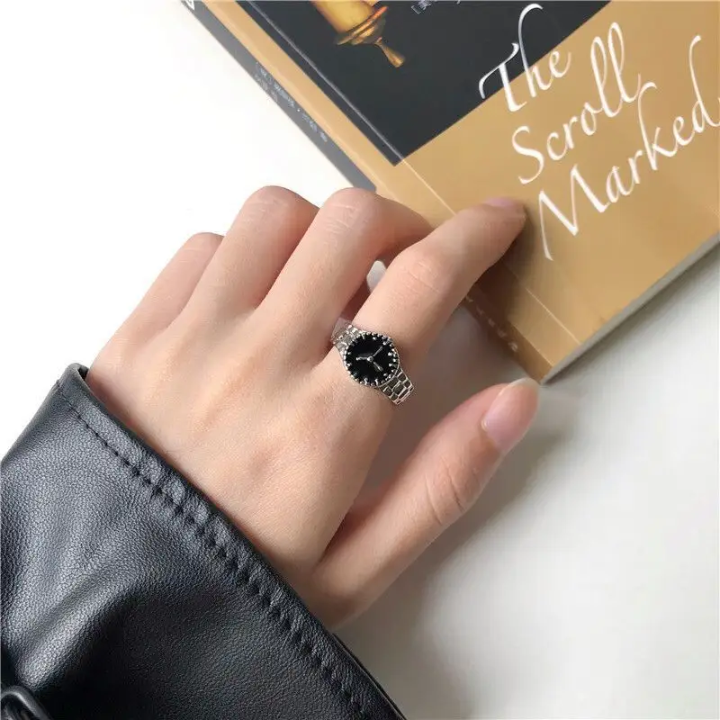 Elegant Black Dial Watch-Inspired Rings – Vintage Statement Ring