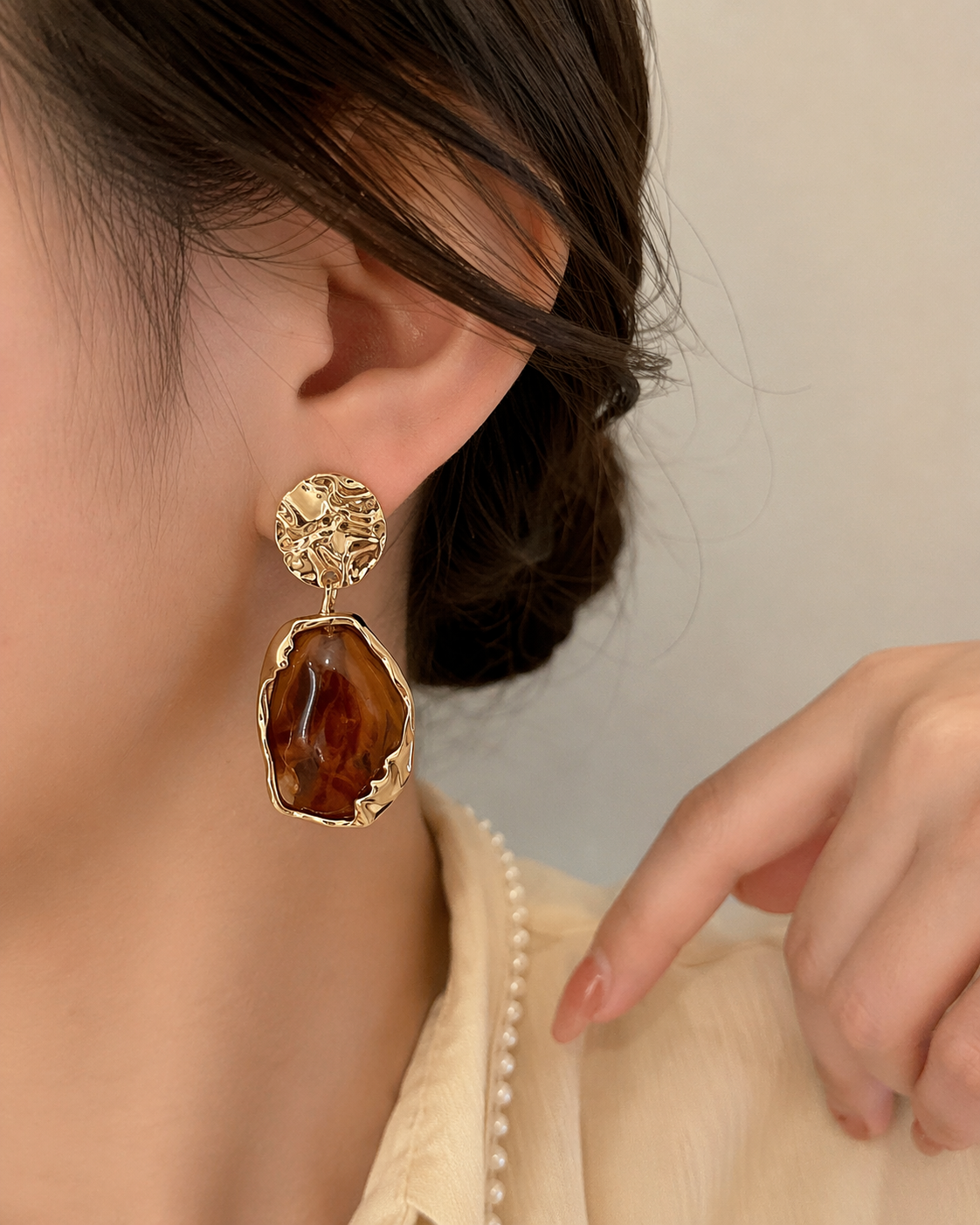 Textured Gold & Brown Stone Drop Earrings