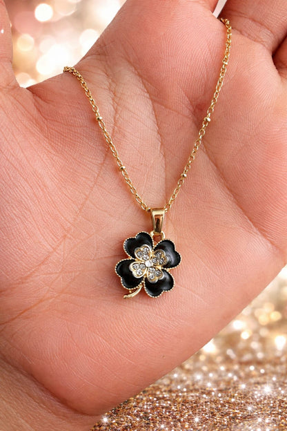 Elegant Black Clover Crystal Pendant Necklace