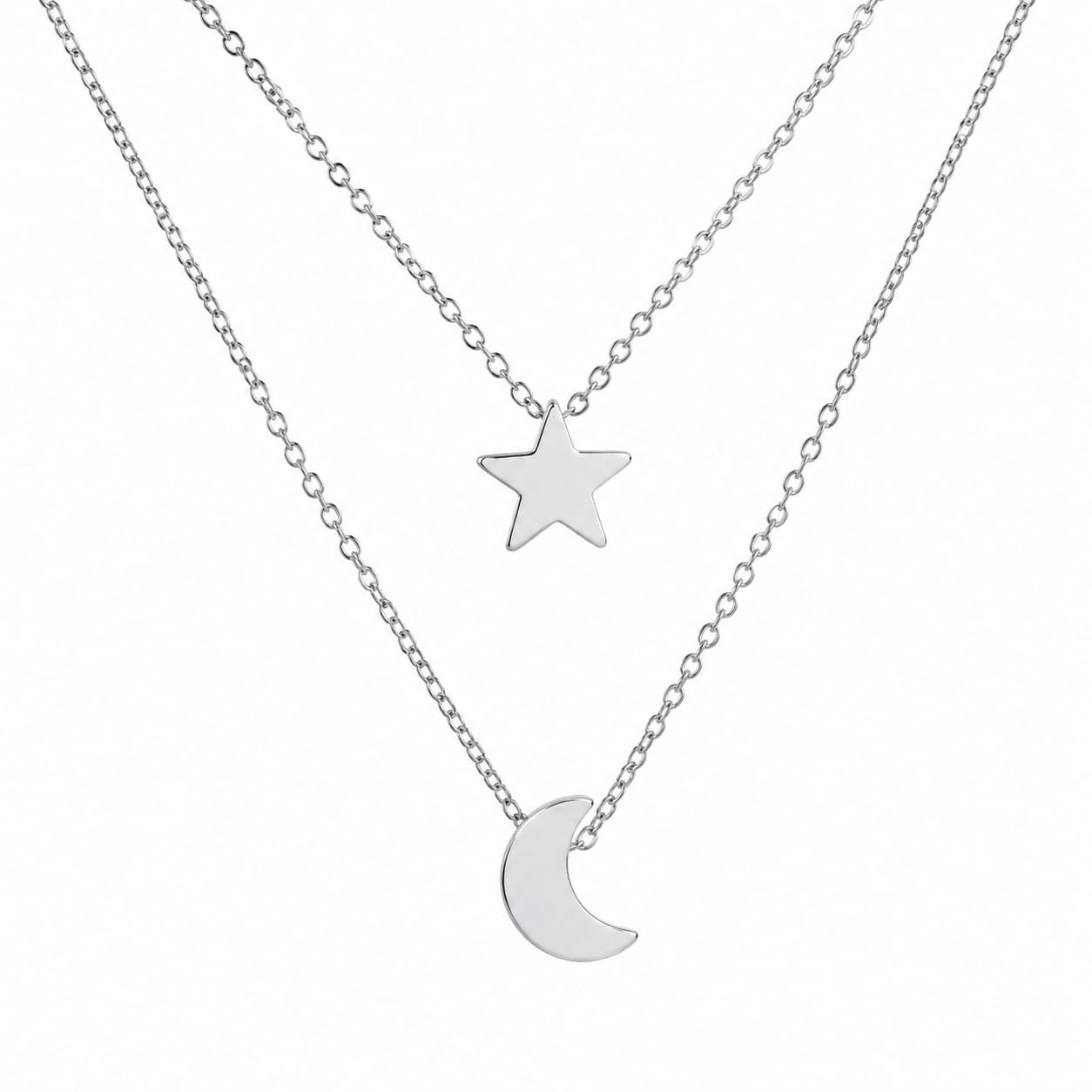 Star & Crescent Moon Layered Necklace – Minimalist Double Layer Pendant Necklace