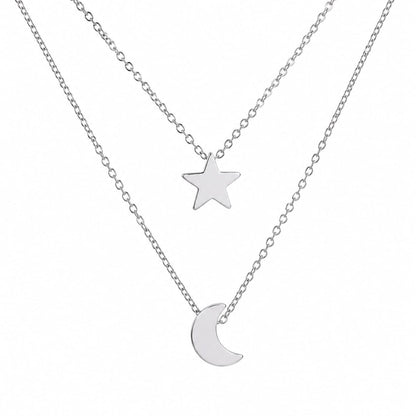 Star & Crescent Moon Layered Necklace – Minimalist Double Layer Pendant Necklace