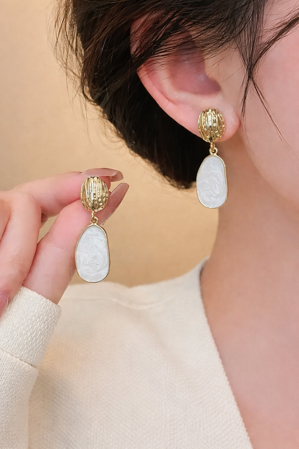 Textured Gold & Marble Drop Earrings