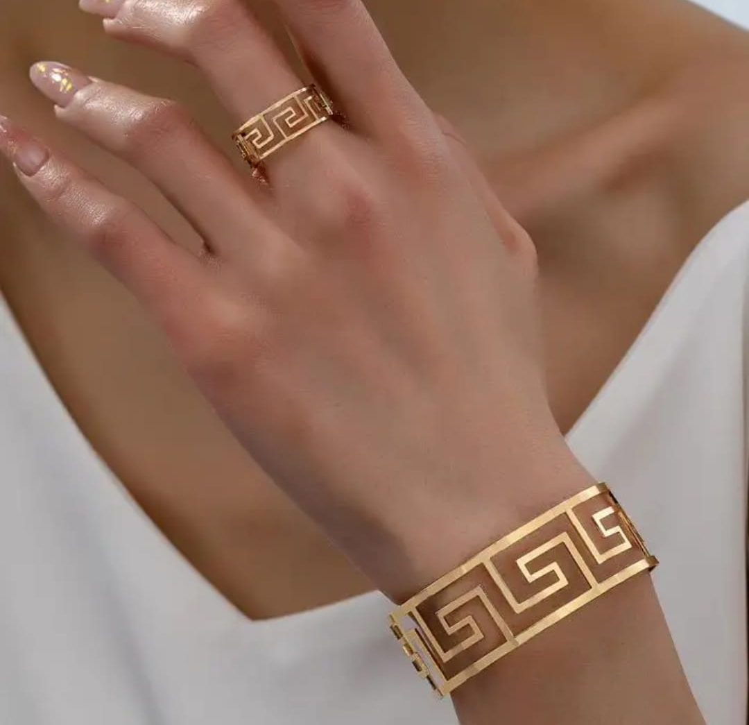 Greek Key (Meander) Gold Cuff Bracelet & Ring