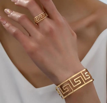 Greek Key (Meander) Gold Cuff Bracelet & Ring