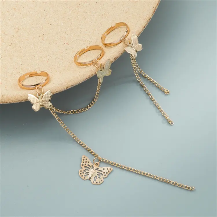 Butterfly Chain Ring Set – Elegant Gold & Silver Tone Adjustable Rings