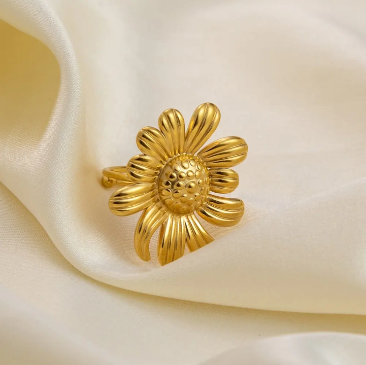 Gold-Tone Sunflower Statement Ring – Floral Adjustable Fashion Ring