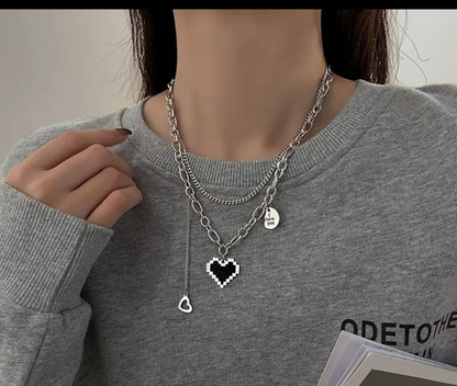 Pixel Heart Charm Layered Chain Necklace
