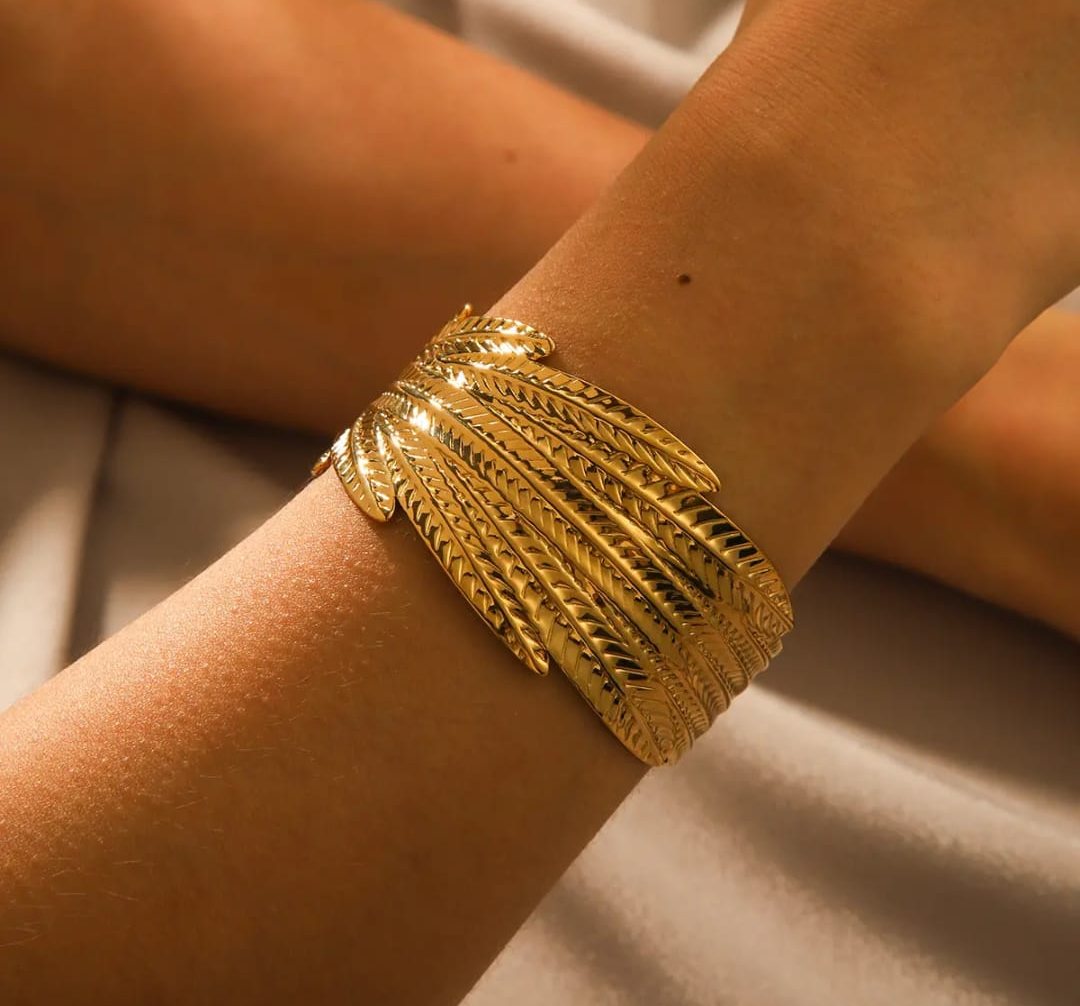 Feather-Inspired Gold Cuff Bracelet