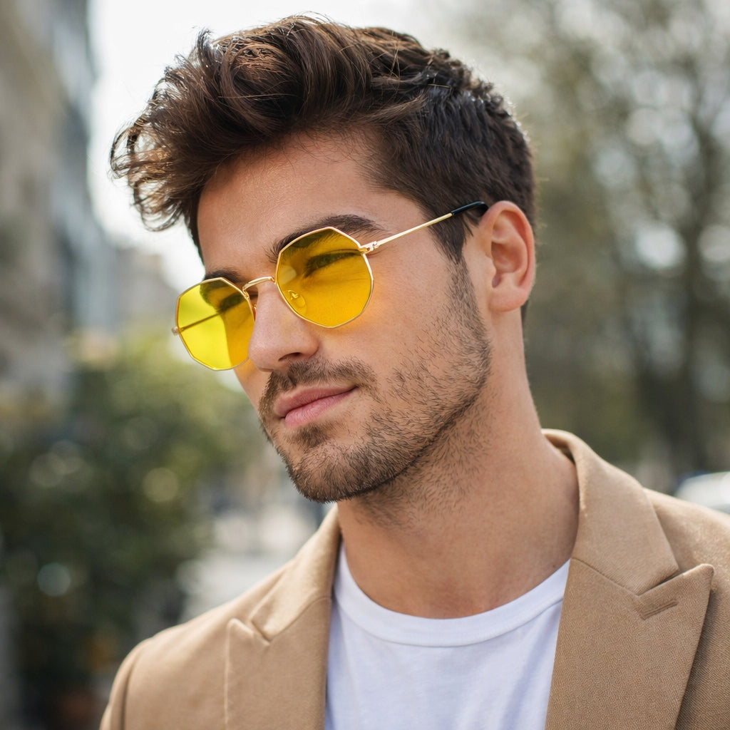 Unisex Hexagonal Yellow Lens Sunglasses | Gold Metal Frame | UV Protection