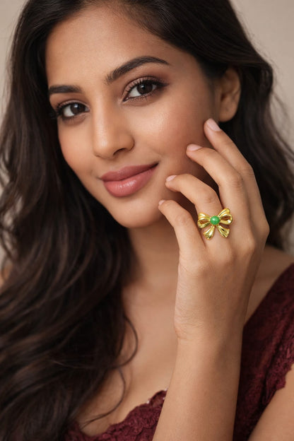 Elegant Bow Pearl Statement Ring – Golden Finish