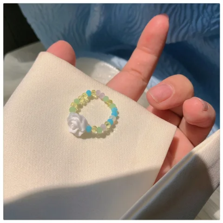 Pastel Beaded Flower Ring – White Rose & Colorful Bead Adjustable Ring
