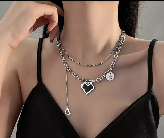 Pixel Heart Charm Layered Chain Necklace