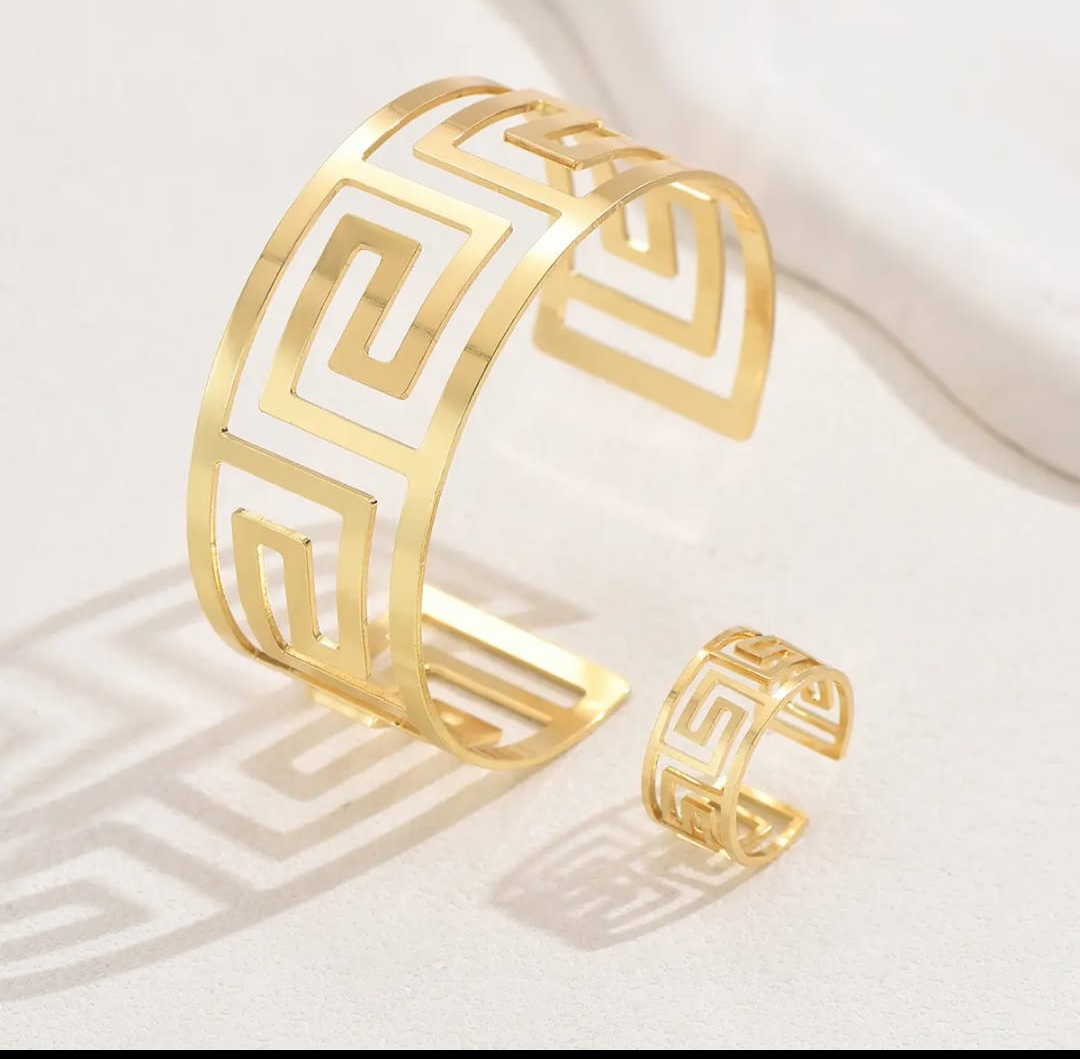 Greek Key (Meander) Gold Cuff Bracelet & Ring