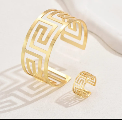 Greek Key (Meander) Gold Cuff Bracelet & Ring