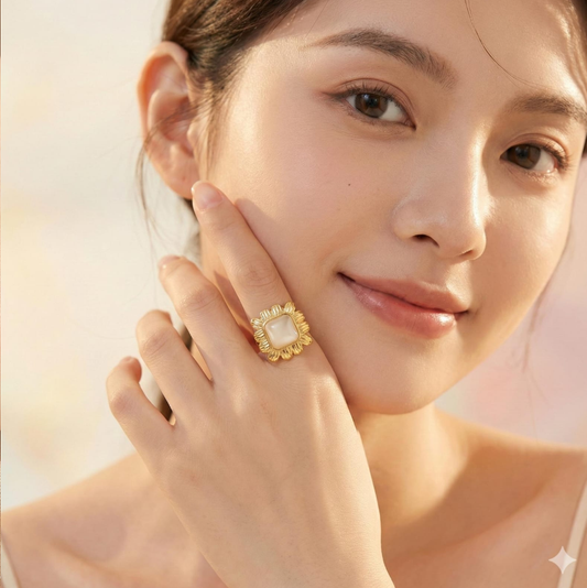 Golden Bloom Pearl Square Ring