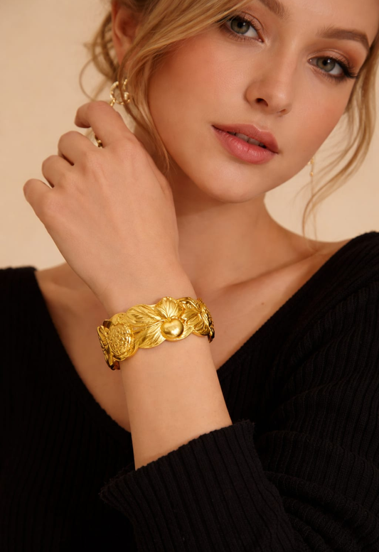 🌼 Floral Embossed Gold Cuff Bracelet