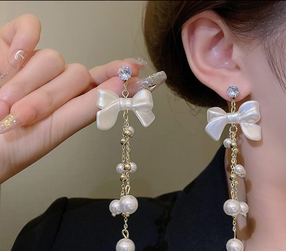 Luxury Bow Pearl Tassel Drop Earrings