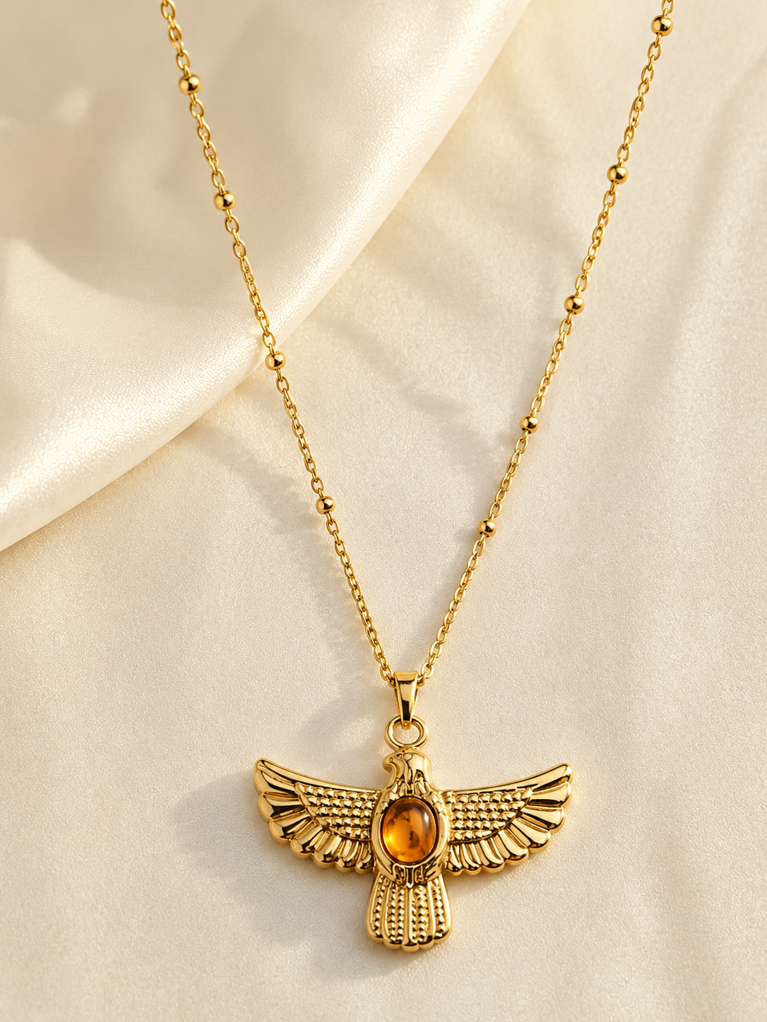 Eagle Pendant Necklace with Amber-Tone Stone – Vintage Winged Bird Necklace