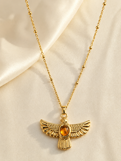 Eagle Pendant Necklace with Amber-Tone Stone – Vintage Winged Bird Necklace