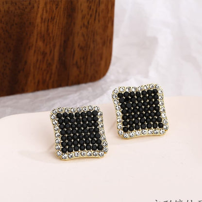 Black Rhinestone Square Stud Earrings – Elegant Crystal Statement Earrings for Women