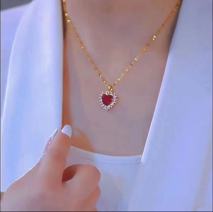 Radiant Ruby Heart Halo Necklace